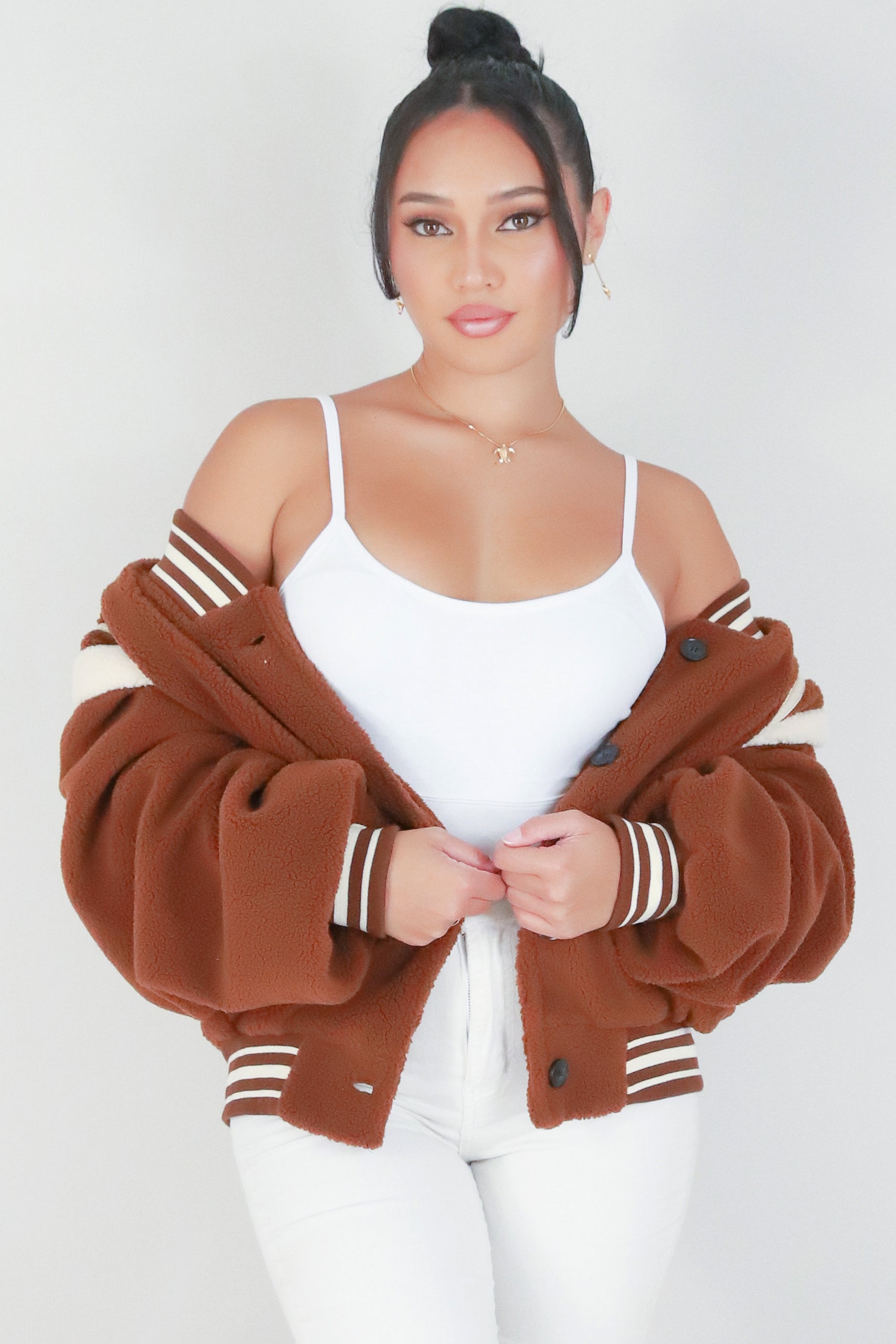 VARSITY TEDDY JACKET - BROWN / SMALL